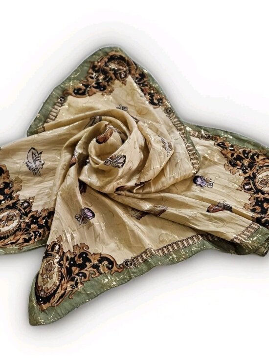 Unbranded Silk Scarf Womens 31 x 32 Inches Multicolor Gold Floral Feathers Print - Picture 3 of 15